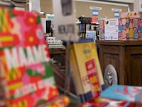 Books that have been donated to the “Read with Love Book Drive” run by PFLAG Bucks County to help place LGBTQ+ books in Bucks and Montgomery County libraries are placed in a donation box at the Doylestown Bookshop in Doylestown, Pennsylvania.