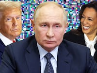 Photo illustration of Vladimir Putin, Donald Trump, and Kamala Harris