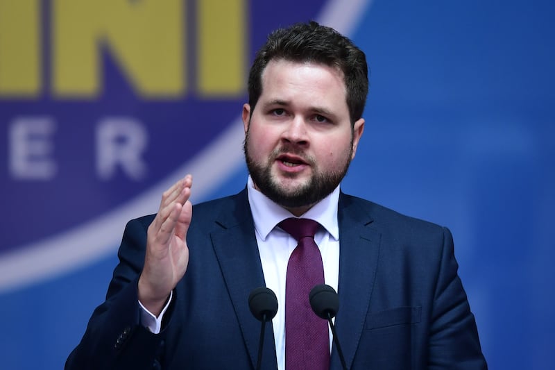 Danish People's Party member Anders Vistisen delivers a speech at a rally of European nationalists ahead of European elections on May 18, 2019, in Milan. - The Milan rally hopes to see leaders of 12 far-right parties marching towards their conquest of Brussels after European parliamentary elections held between May 23 and 26, 2019. The headliners of Italy's League France's National Rally (RN) want their Europe of Nations and Freedom (ENF) group to become the third largest in Brussels. (Photo by Miguel MEDINA / AFP) (Photo credit should read MIGUEL MEDINA/AFP via Getty Images)