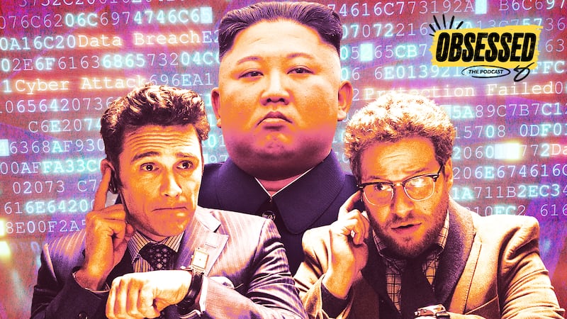 A photo illustration of James Franco, Kim Jong Un, and Seth Rogen.