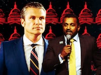 A photo illustration of Pete Hegseth and Kash Patel.