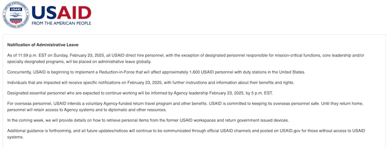 Notice on the USAID website.