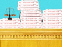 Judges bench with pizza boxes photo illustration