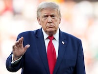 President Donald Trump look on before presenting the FIFA World Cup Winner's Trophy to Spain after the Final - FIFA World Cup 2026 match between Spain and Argentina at New York New Jersey Stadium on July 19, 2026 in East Rutherford, New Jersey.