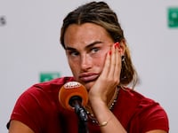 Aryna Sabalenka talks during a press conference at the 2026 French Open.