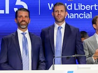 Eric Trump (center), Donald Trump Jr. (left), and Zach Witkoff, Co-Founder and CEO of World Liberty Financial to mark the $1.5B partnership between World Liberty Financial (WLFI) and ALT5 Sigma with the ringing of the NASDAQ opening bell on August 13, 2025 in New York City.