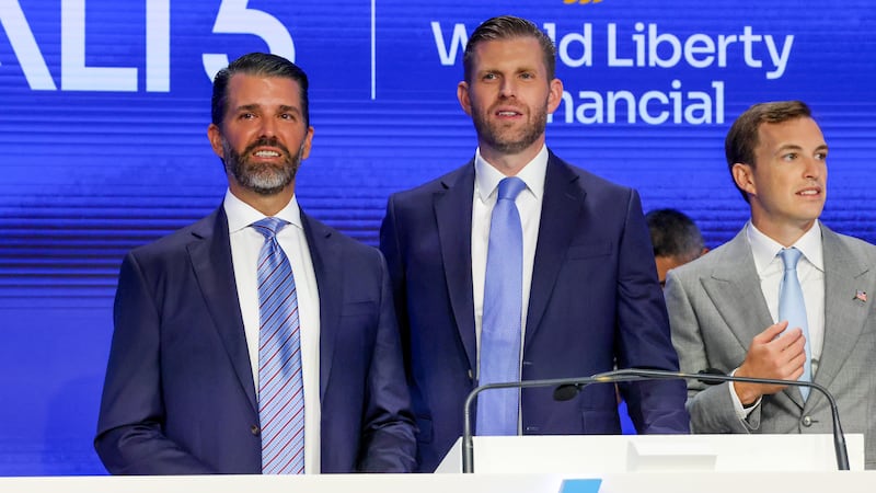 Eric Trump (center), Donald Trump Jr. (left), and Zach Witkoff, Co-Founder and CEO of World Liberty Financial to mark the $1.5B partnership between World Liberty Financial (WLFI) and ALT5 Sigma with the ringing of the NASDAQ opening bell on August 13, 2025 in New York City.