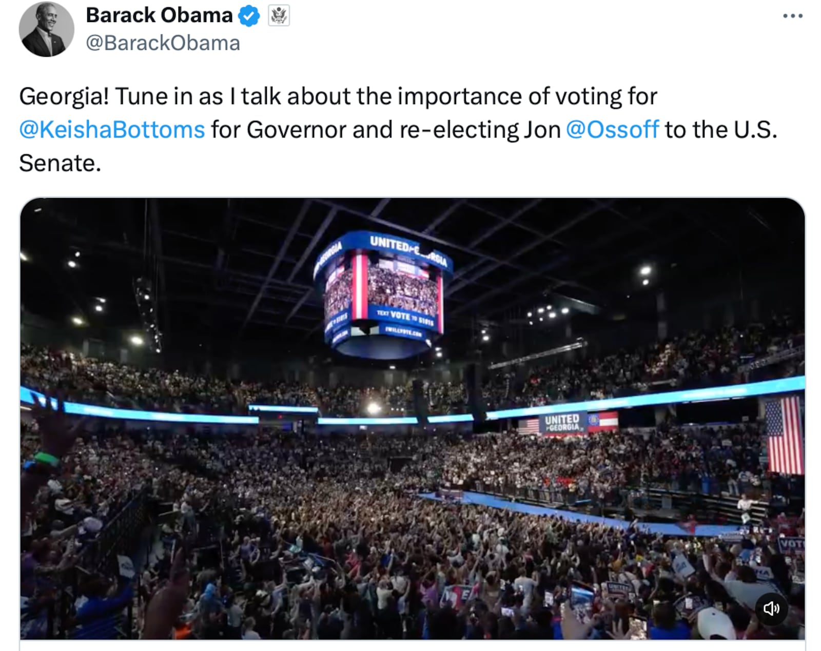 Barack Obama shared a live feed from a venue in Georgia. Barack Obama/X