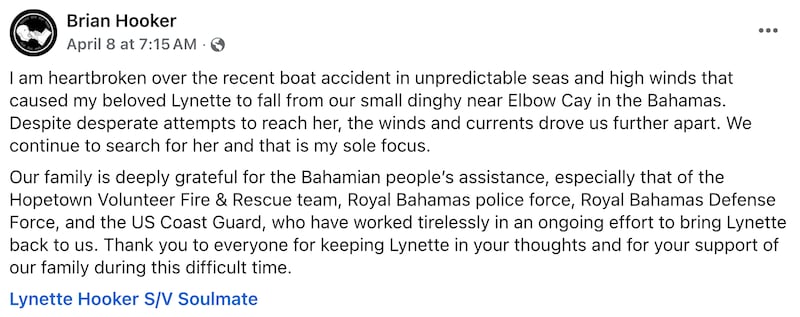 Hooker posted to Facebook right after his wife disappeared. Brian Hooker/Facebook.