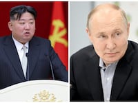 Side-by-side photos of Kim Jong Un, left, and Vladimir Putin, right, at public appearences.