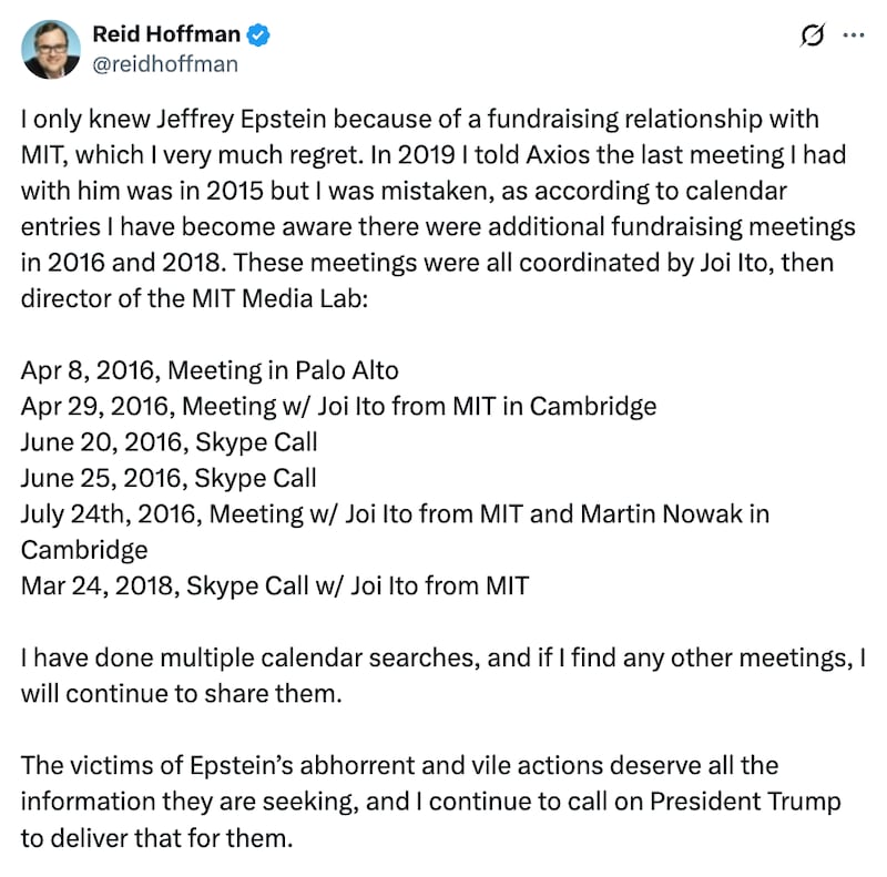 Reid Hoffman X post about Jeffrey Epstein