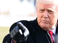 President of the United States Donald J. Trump speaks to reporters prior to departing The White House in Washington, DC, United States on January 27, 2026.