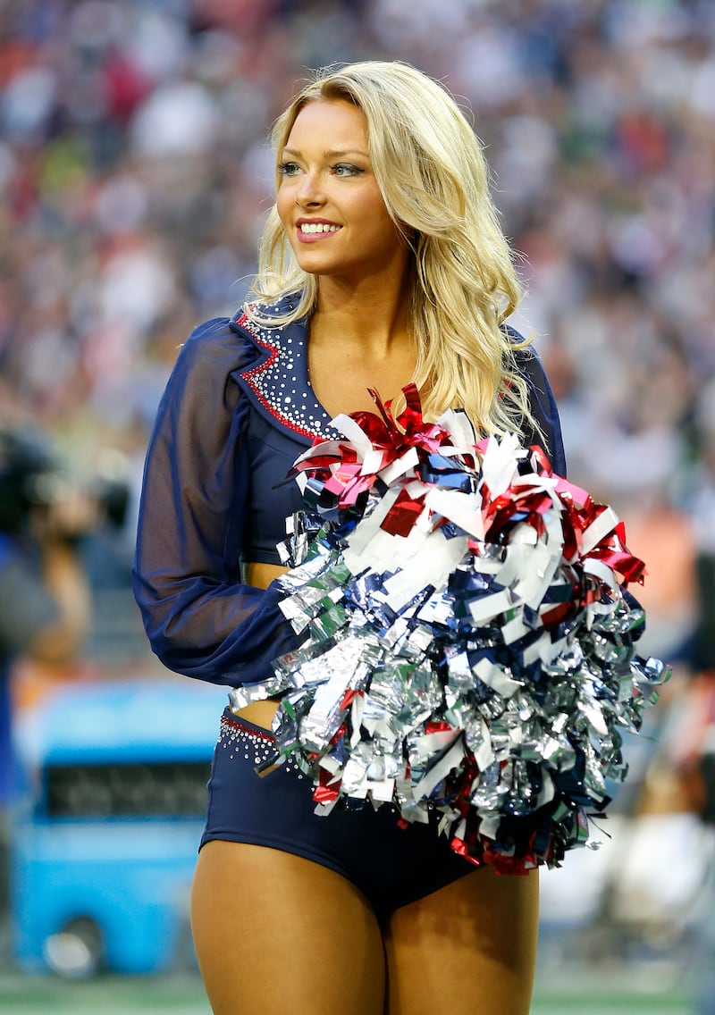 New England Patriots cheerleader Camille Kostek performs against the Seattle Seahawks during Super Bowl XLIX on February 1, 2015.