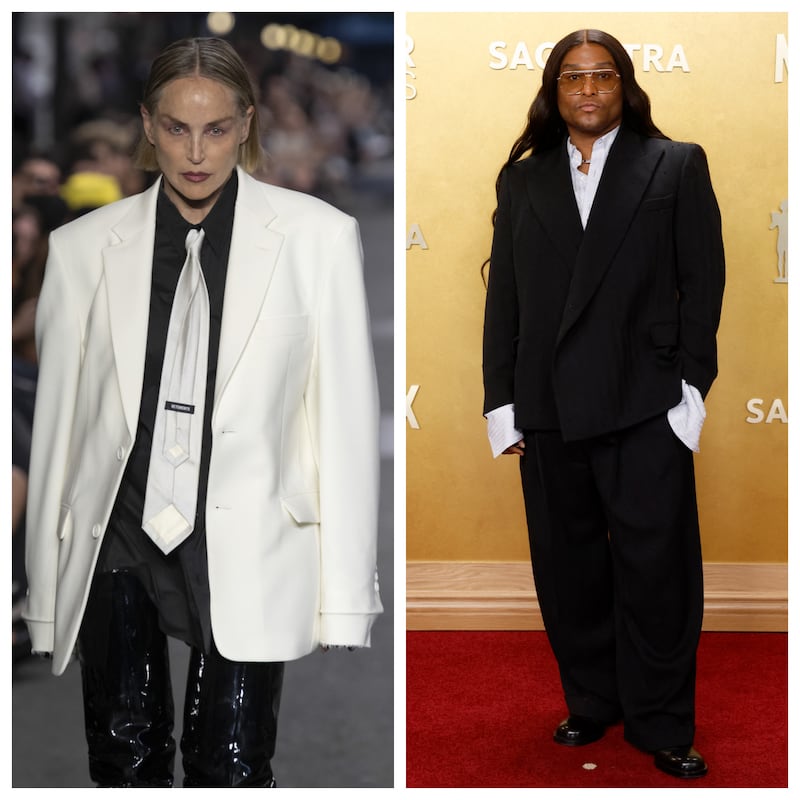 Sharon Stone walking the runway during the Vetements Menswear Spring/Summer 2027 fashion show at Paris Fashion Week, and Law Roach at the Actor Awards in March 2026.