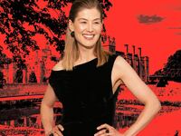 A photo illustration of Rosamund Pike in front of a still from ‘Saltburn'