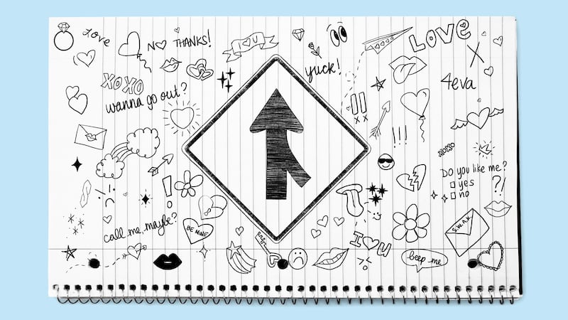 Illo illustration of a notebook with high school style doodles and a merge sign