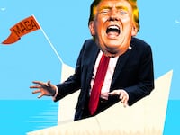 A photo illustration for The Daily Beast podcast Trump on sinking boat.
