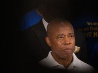 Eric Adams at a press conference at New York City Hall after he was subpoenaed by a federal grand jury