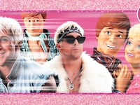An illustration including photos of a Barbie Toy Box and a variety of photos of Toy Ken Barbie Dolls and Ryan Gosling as Ken in Barbie the Warner Bros. film.