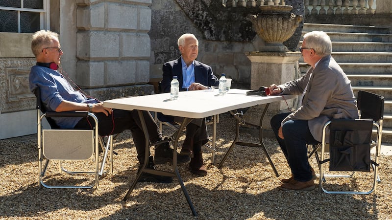 A photo including Stephen Cornwell, John le Carré (David Cornwell) and Simon Cornwell behind-the-scenes of “The Pigeon Tunnel” on Apple TV+