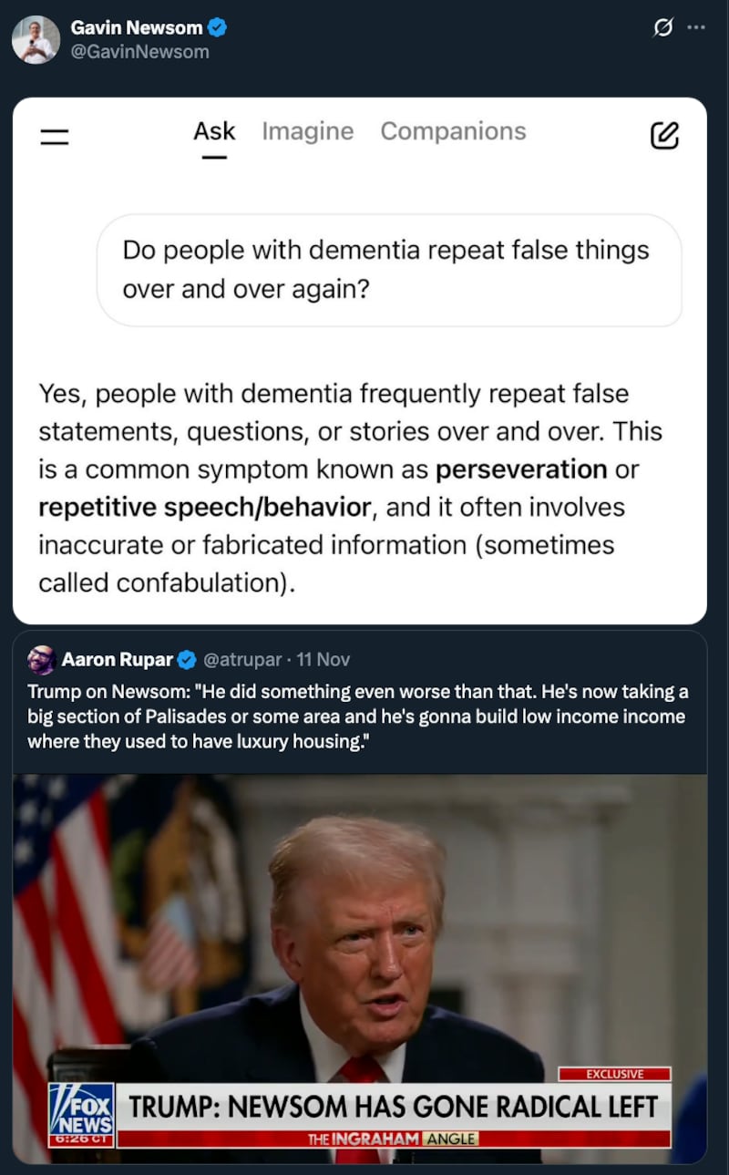 Gavin Newsom tweet about Trump having dementia