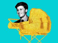 An illustration including a photo of Robert Clarence Irwin and a golden stroller