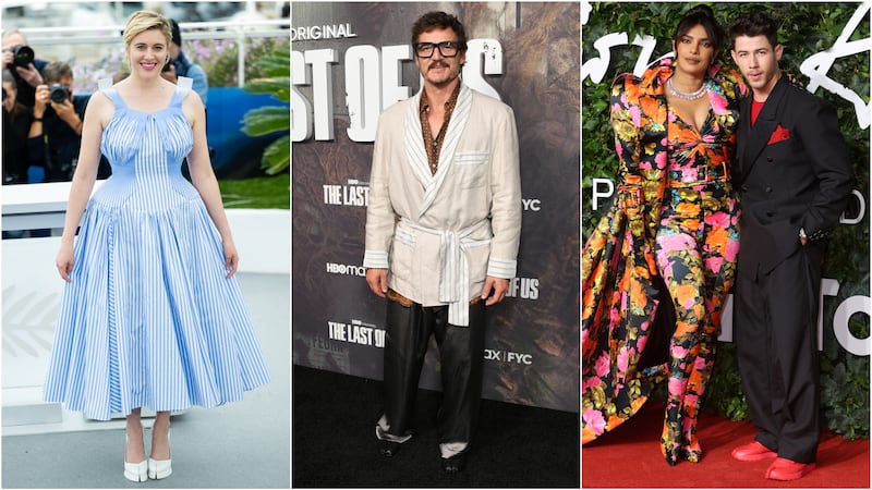 A triptych of celebrities wearing split-toe shoes. Greta Gerwig in 2024, Pedro Pascal in 2023, and Joe Jonas in 2021.