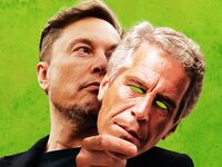 Elon Musk hiding behind an Epstein mask.