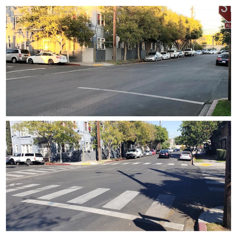 The before and after of a crosswalk painted by Crosswalk Collective in Los Angeles.