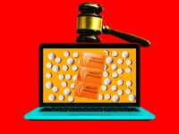 A photo illustration of a laptop with mifepristone, misoprostol pills, and a judge’s gavel.