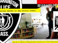 A photo illustration of a screengrab of body camera footage that shows people in a classroom that also shows a shelf of books