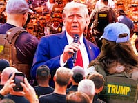A photo illustration of Donald Trump surrounded by law enforcement agents.