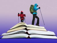 A photo illustration of mountain hikers climbing on open books.