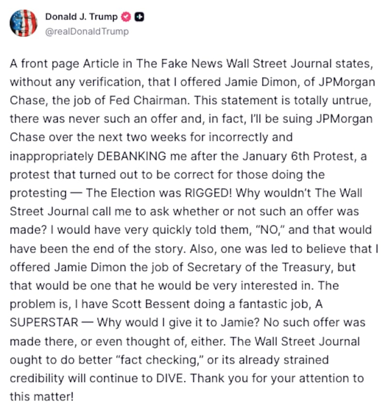 Trump Truth Social Dimon