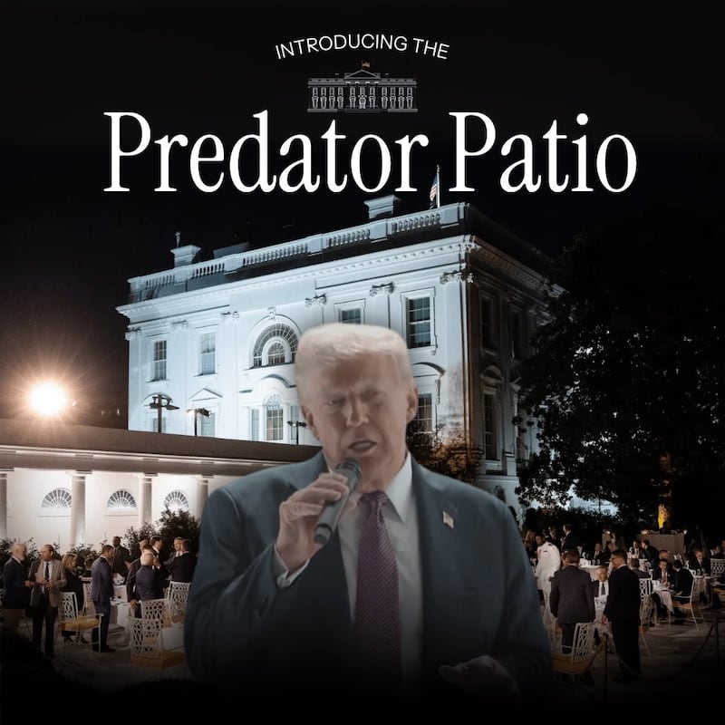 An image posted by Gavin Newsom's press office, dubbing the Rose Garden "Predator Patio."