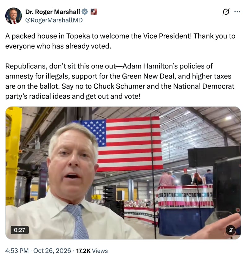 A tweet from Sen. Roger Marshall, reading "A packed house in Topeka to welcome the Vice President! Thank you to everyone who has already voted.
Republicans, don’t sit this one out—Adam Hamilton’s policies of amnesty for illegals, support for the Green New Deal, and higher taxes are on the ballot. Say no to Chuck Schumer and the National Democrat party’s radical ideas and get out and vote!"