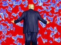 A photo illustration of former President Donald Trump and blue dollar bills falling.