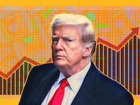 A photo illustration of Donald Trump, a graph, and money.