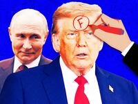 A photo illustration of Putin and President Donald Trump and a hand drawing an F grade on Trump's forehead.