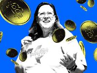A photo illustration of Rep. Julie Johnson with bitcoin falling around her