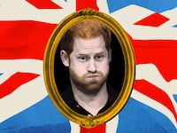 Photo illustration of Prince Harry in a gold frame on a Union Jack background.