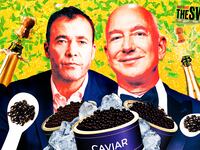 A photo illustration of Washington Post Publisher and CEO William Lewis and Jeff Bezos, with caviar, champagne, and money.