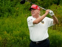Former US President and 2024 Presidential hopeful Donald Trump plays golf during the Official Pro-Am Tournament ahead of the LIV Golf Invitational Series event at Trump National Golf Club Bedminster in Bedminster, New Jersey, on August 10, 2023. The LIV Golf Invitational Bedminster begins on August 11. (Photo by TIMOTHY A. CLARY / AFP) (Photo by TIMOTHY A. CLARY/AFP via Getty Images)