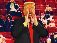 A photo illustration of Donald Trump and supporters and empty seats.