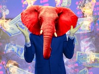 A photo illustration of a red elephant in a suit, burning money, and crashing stocks.