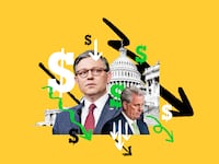 A photo illustration of Mike Johnson and Kevin McCarthy in front of the US Capitol with dollar signs and downward trending arrows