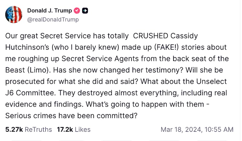 The president’s post about Cassidy Hutchinson in 2024.