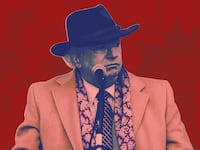A photo illustration of Trump attorney John Eastman superimposed over a background image of Roe v. Wade abortion protests.
