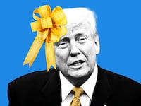 Donald Trump with a gold bow on his head on a blue background