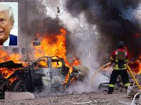 Firefighters continue to extinguish the cars fires following the Russian missile attack on Sumy, Ukraine on April 13, 2025